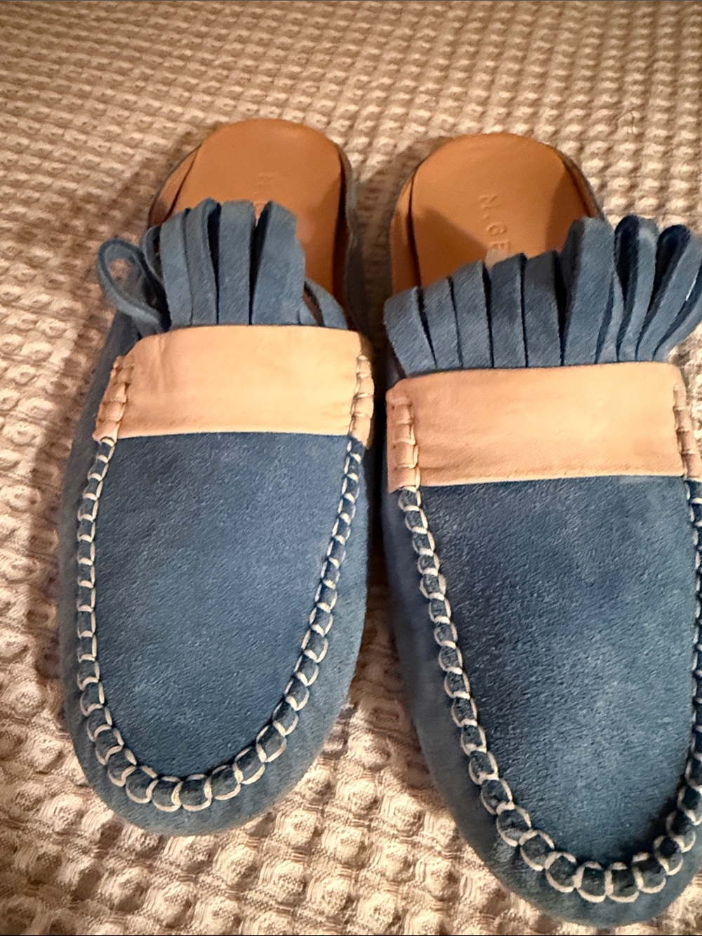 M. Gemi Blue Suede Driving Moccasins with Tan Studs. Size 40.